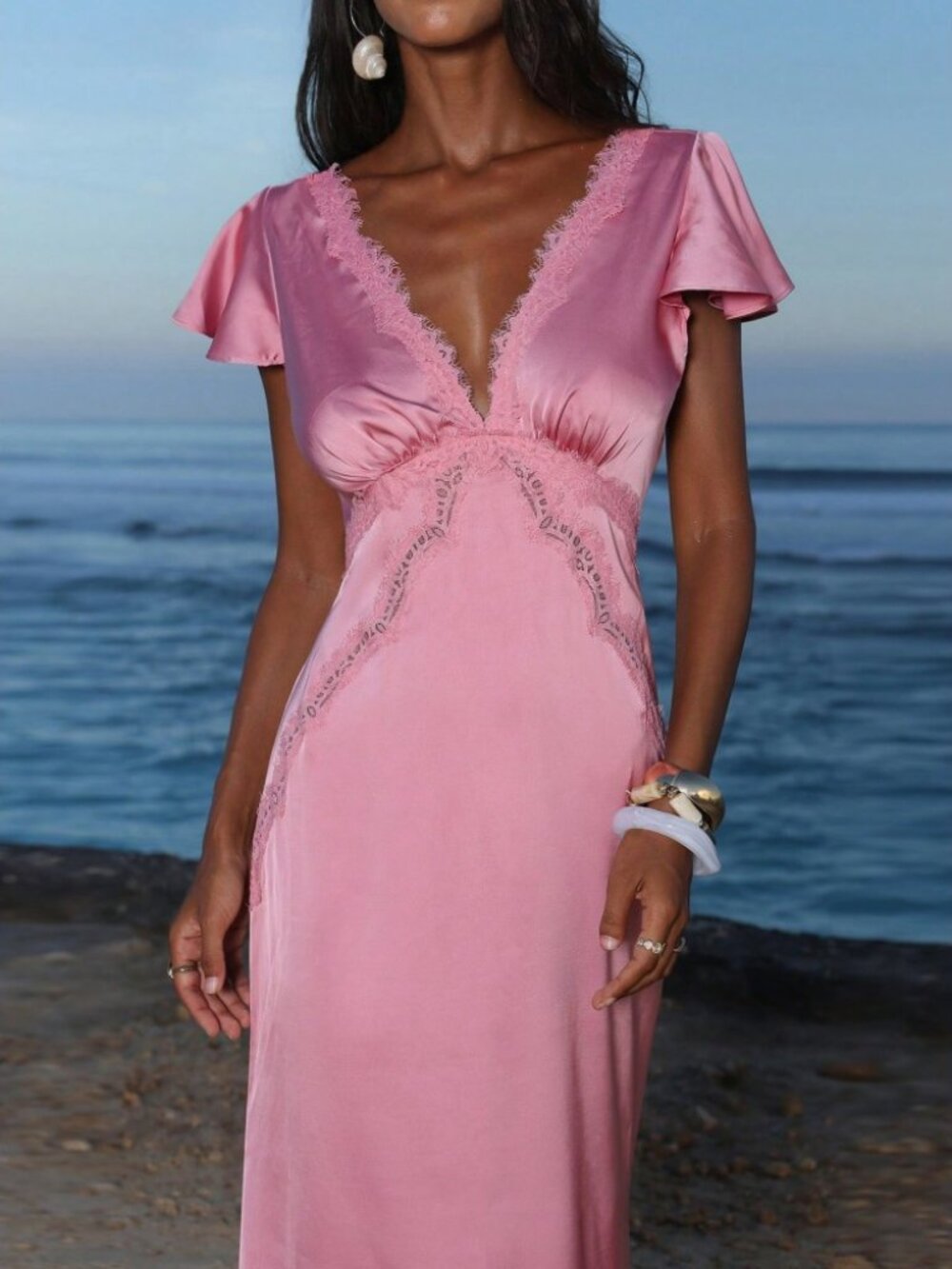 Pink Satin Lace-Trim V Neck Maxi Dress with Flounce Sleeves